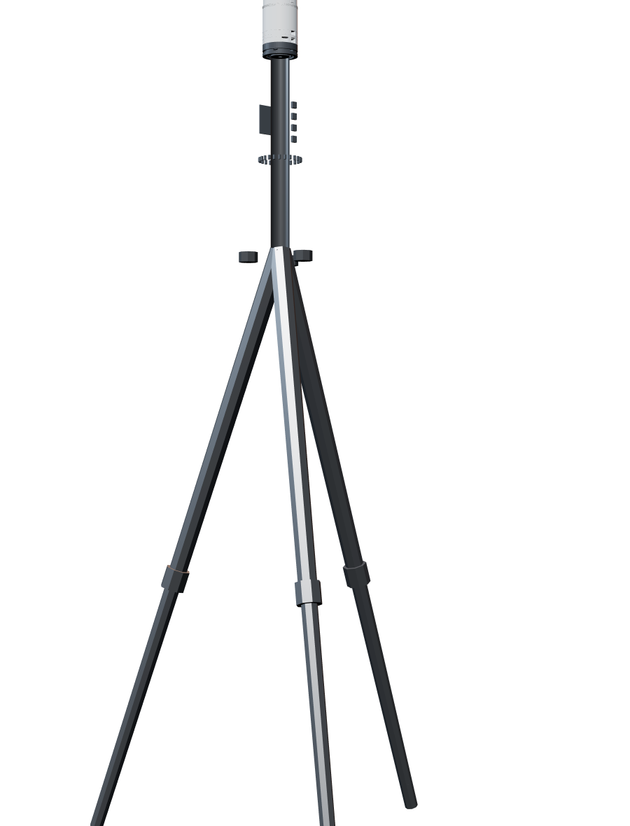 The Aerom base station: a survey tripod with levelling tribrach carrying the receiver, gateway, swappable battery module and a white ground-plane GNSS antenna.
