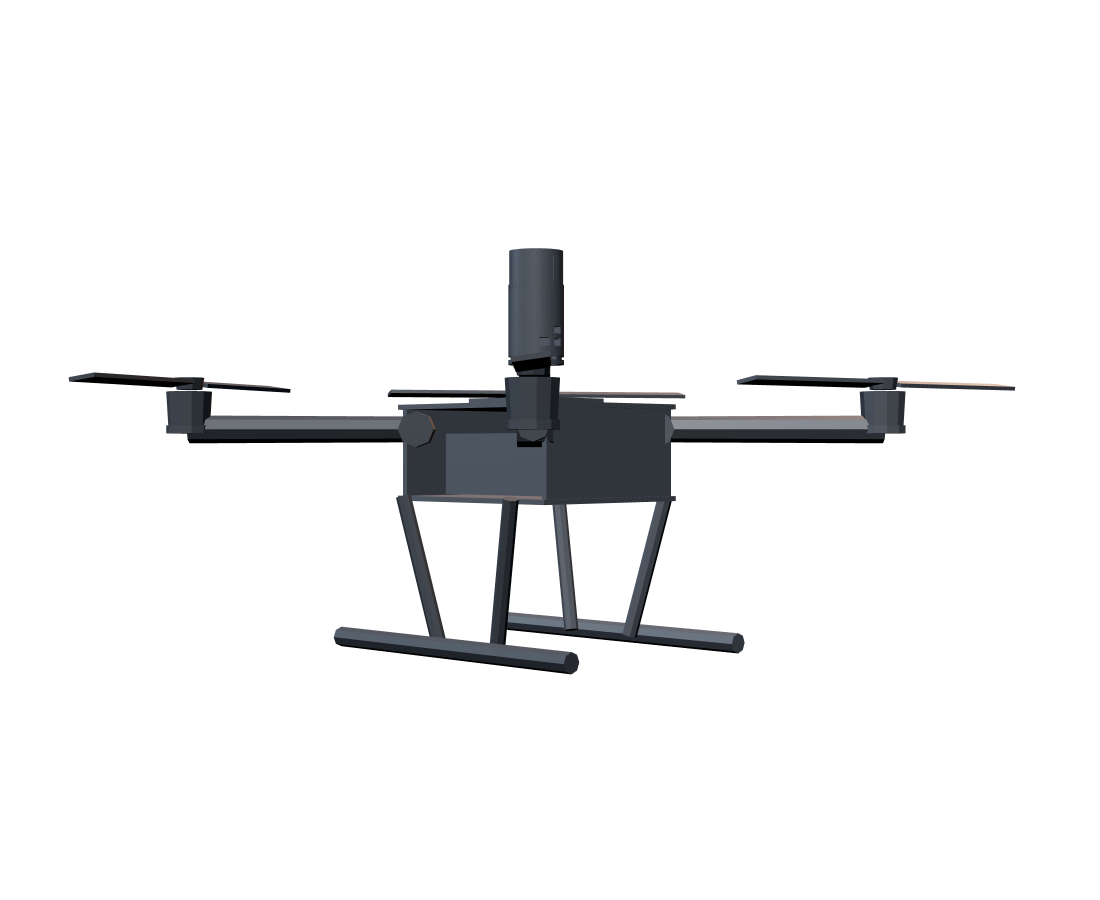 The Aerom module mounted on a survey drone: quadcopter airframe carrying the receiver, gateway and antenna stack.