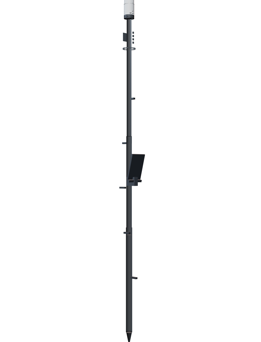 The Aerom rover, a 2-metre telescoping survey pole carrying a swappable battery module, gateway enclosure and GNSS antenna.